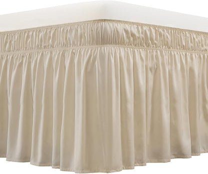 MEILA Wrap Around Bed Skirt Three Fabric Sides Elastic Dust Ruffled 14 Inch Tailored Drop,Easy to Install Fade Resistant-Beige, Queen/King
