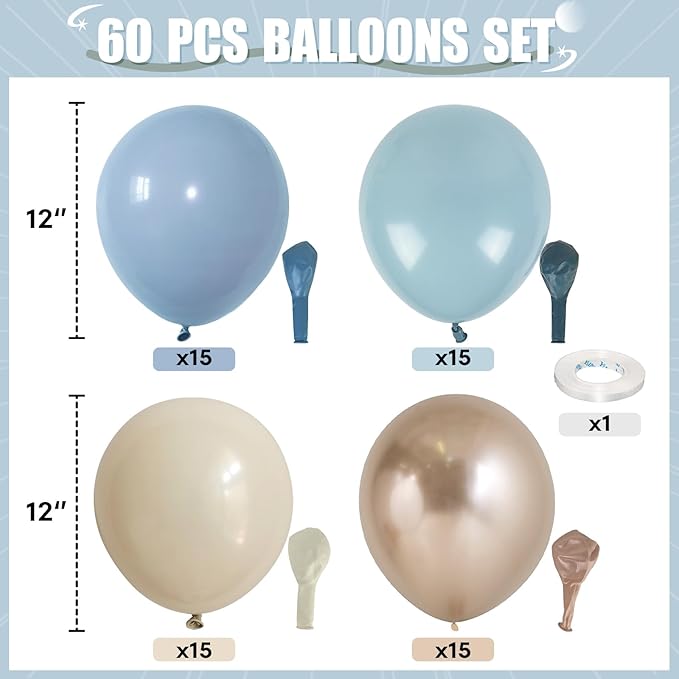 HILAVO Dusty Blue and Gold Balloons, 60 PCS 12 Inch Slate Fog Pastel Baby Blue Sand White and Gold Balloons for Baby Boy Shower Bridal Shower Birthday Wedding Party Decorations