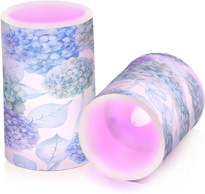 ALAZA Blue Purple Teal Green Hydrangea Flowers Flickering Flameless Candles Battery Operated with Remote Timer,Tea Light Candles LED Pillar Votive Candles Set of 2 for Outdoor Indoor Decorations