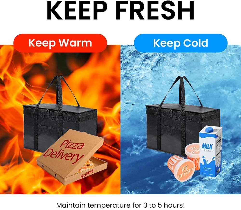 Durable XXL PRO Insulated Cooler Bag and Food Warmer for Delivery & Grocery Shopping with Zippered Top, Green Commercial Grade (1 Pack)