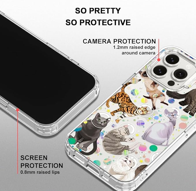 MOSNOVO Case for iPhone 15 Pro Max, [Buffertech 6.6ft Military-Grade Drop Protection] [Anti Peel Off Tech] Clear TPU Bumper Phone Case Cover Design - Space Cat