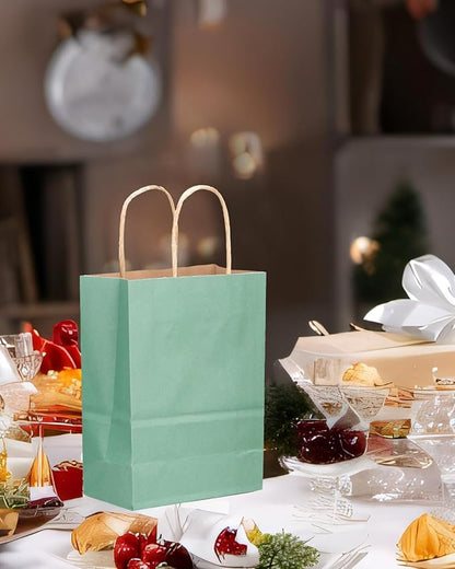 qiqee 100-Packs Light Blue Paper Gift Bags with Handles Bulk 8.26"×6"×3.15" Small Size Gift Bags Multiple Uses
