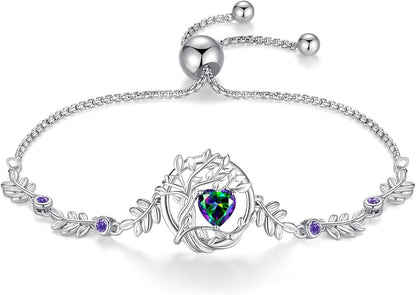 FANCIME Valentines Day Gift Tree of life Birthstone Bracelet for Women Sterling Silver Tree Jewelry Birthstone Charm Bracelet Gemstone Anniversary Birthday Gifts for Wife Mom Her