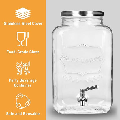 Moretoes 2 Gallon Glass Drinks Dispenser for Parties, 2 PACK Beverage Dispenser with Stand for Juice and Iced Tea, Water Jug Dispenser for Lemonade, Party Essential Beverage Pitcher with Spout