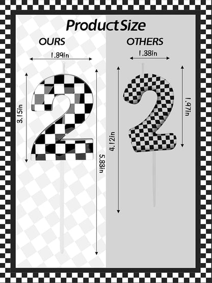 Number 2 Racing Cars Birthday Candles,2.68 Inch Black White Checkered Birthday Number Candles, Cool Racing Themed Number Candles for Boys and Girls, Kids Race Car Themed Party Decorations Supplies