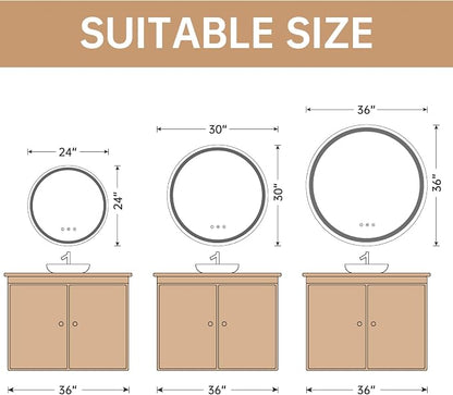 LOVESPEJO 30" Round LED Mirror for Bathroom, Circle LED Bathroom Vanity Mirror with Lights, Anti-Fog, Dimmable, 3 Colors, Shatterproof