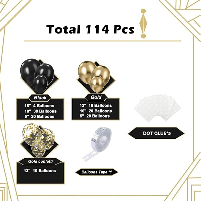 Lukiituke Black and Gold Balloon Arch Kit, 114Pcs Gold Latex Balloons, 4 Size Black New Years Party Balloons for Birthday Decorations, New Years, Wedding, Graduation Decorations