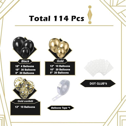 Lukiituke Black and Gold Balloon Arch Kit, 114Pcs Gold Latex Balloons, 4 Size Black New Years Party Balloons for Birthday Decorations, New Years, Wedding, Graduation Decorations