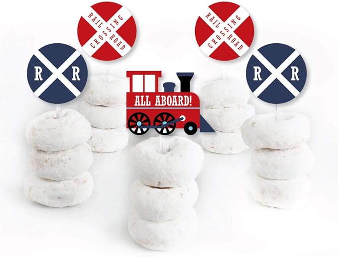Big Dot of Happiness Railroad Party Crossing - Dessert Cupcake Toppers - Steam Train Birthday Party or Baby Shower Clear Treat Picks - Set of 24