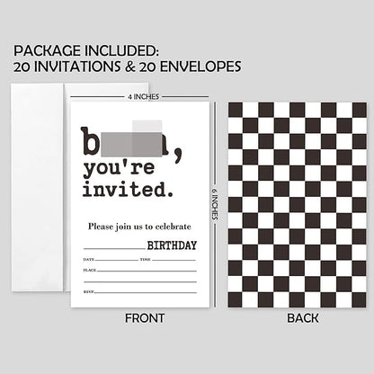 20 Sets Bro You're Invited Boys Birthday Party Invitations With Envelopes,Black and White Double-sided Printed Birthday Party Invitation Invite Cards for Teen Tween Boy,Boys Birthday Party Invites