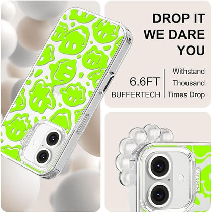 MOSNOVO Case for iPhone 16, [Buffertech 6.6ft Military-Grade Drop Protection] [Anti Peel Off Tech] Clear TPU Bumper Phone Case Cover Design - Distorted Green Smiles Face
