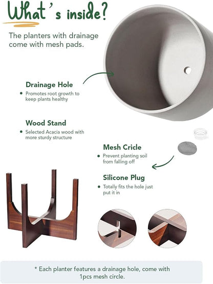 LE TAUCI 10 Inch Planter with Acacia Wood Stand, Ceramic Planters for Indoor Plants, Unique Plant Pots Indoor for Home Decor, Cylinder Pots for Plants with Drainage Hole and Plug, Neutral Gray