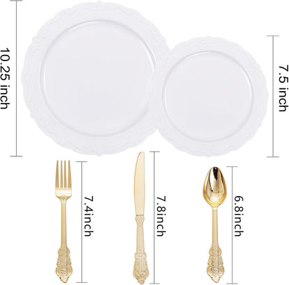 DaYammi 150Pcs White Plastic Plates & Gold Plastic Silverware, White Disposable Plates for Party Include 30 Dinner Platos,30 Dessert Platos,30 Golden Knives,30 Gold Forks,30 Spoons for Wedding Party