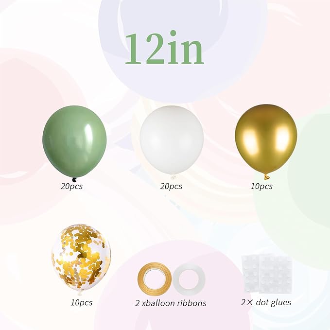 60pcs Sage Green & Metallic Gold Balloons - 12inch Olive Green White Metallic Gold Confetti Balloons for Boho Wedding, Baby Shower, Birthday Party Decoration