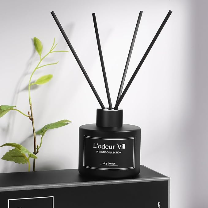 L'odeur Vill Reed Diffuser, 3.4oz(100ml) Juicy Lemon Reed Diffuser Set with 6 Oil Diffuser Sticks, Matte Black Aroma Scent Diffuser, Long Lasting Home Fragrance for Bathroom Shelf Decor