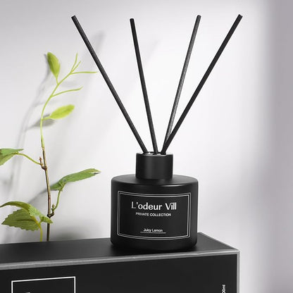 L'odeur Vill Reed Diffuser, 3.4oz(100ml) Juicy Lemon Reed Diffuser Set with 6 Oil Diffuser Sticks, Matte Black Aroma Scent Diffuser, Long Lasting Home Fragrance for Bathroom Shelf Decor
