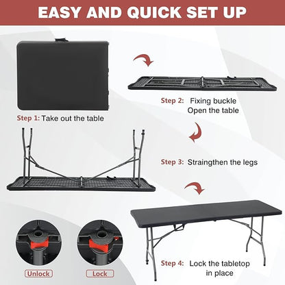 Folding Table 6 FT Heavy Duty Plastic Foldable Table with Carrying Handle for Garden Party Picnic Camping BBQ Dining Kitchen Wedding Market Events, Black
