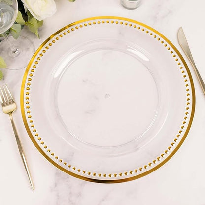 Efavormart 6 Pack 13" Beaded Gold Clear Acrylic Charger Plate, Plastic Round Dinner Charger Event Tabletop Decor