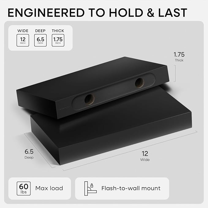 Homeforia Floating Shelf Black 12 inch, High End Solid Real Wood Small 12inch Floating Shelves for Wall Mounted, Black Wooden 12 in Floating Shelves, Heavy Duty Bracket, 12 X 6.5 X 1.75 inch, Set of 2