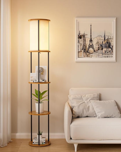 Lightdot 61" Floor Lamp with Shelves, Modern Black Standing Lamp with Fabric Shade and 3- Tier Solid Wood Table Attached, Corner Bookshelf Lamps with Bulb Included for Sofa Beside/Corner Decor