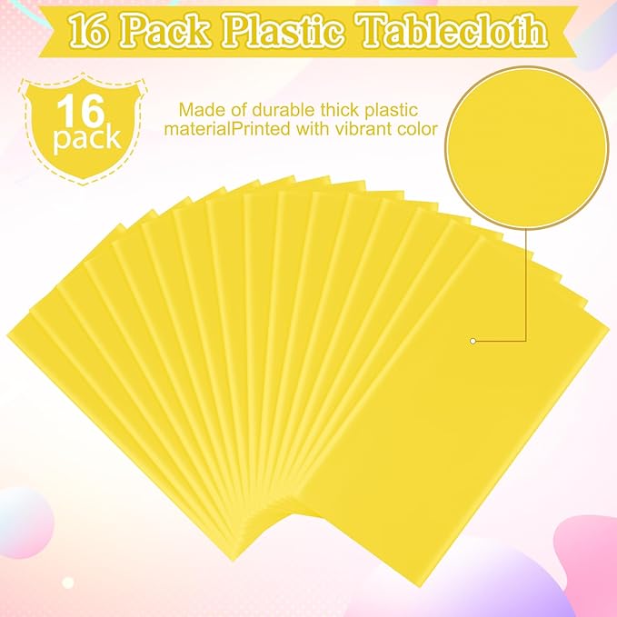 16Pack Yellow Plastic Tablecloth for Rectangle Tables, Premium Decorative Yellow Disposable Table Cloths for Parties, Rectangle Party Table Cover for Birthday Wedding Baby Shower Festivals, 54x108Inch