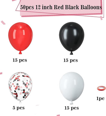 Red and Black Balloons, 50pcs 12 inch Black Red White Balloons for Birthday, Wedding, Baby Shower, Casino Party, Race Car Party Decorations