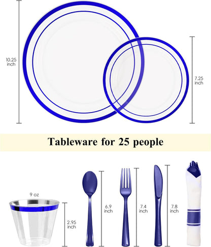 Goodluck 175 Piece Blue Plastic Plates, Clear Plastic Silverware Disposable Plates Set, Include 50Plates, 25Pack Pre Rolled Napkins with Silverware, 25Cups for Party, Wedding, Graduation