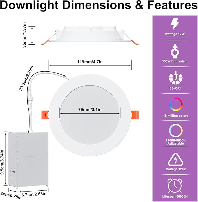 SikSog Smart Recessed Lighting 4 Inch RGBCW Color Changing 12W LED Downlight with Junction Box,1100 Lumen Recessed Ceiling Light Compatible with Alexa,Dimmable by Bluetooth Control -6Pack