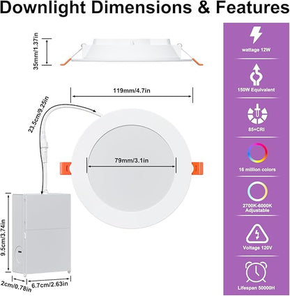 SikSog Smart Recessed Lighting 4 Inch RGBCW Color Changing 12W LED Downlight with Junction Box,1100 Lumen Recessed Ceiling Light Compatible with Alexa,Dimmable by Bluetooth Control -6Pack