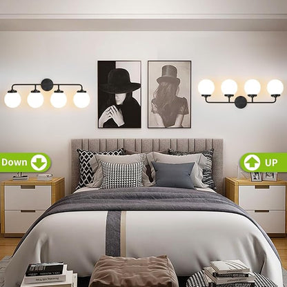Bathroom Light Fixtures Over Mirror, 4-Light Matte Black Vanity Lighting with Milk White Glass Globe Shades Modern Wall Sconce