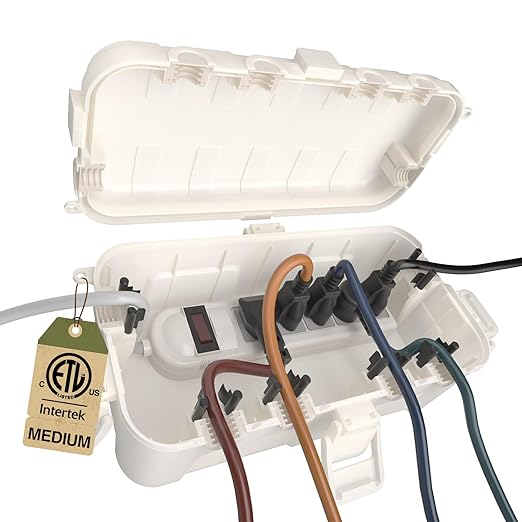 Flemoon Medium Outdoor Electrical Box (11.5x5.2x4 inch), IP54 Waterproof Extension Cord Cover w/6 Cable Entry Ports, Weatherproof Connection Box for Power Strip, Timer, Plug, Holiday Lights, White