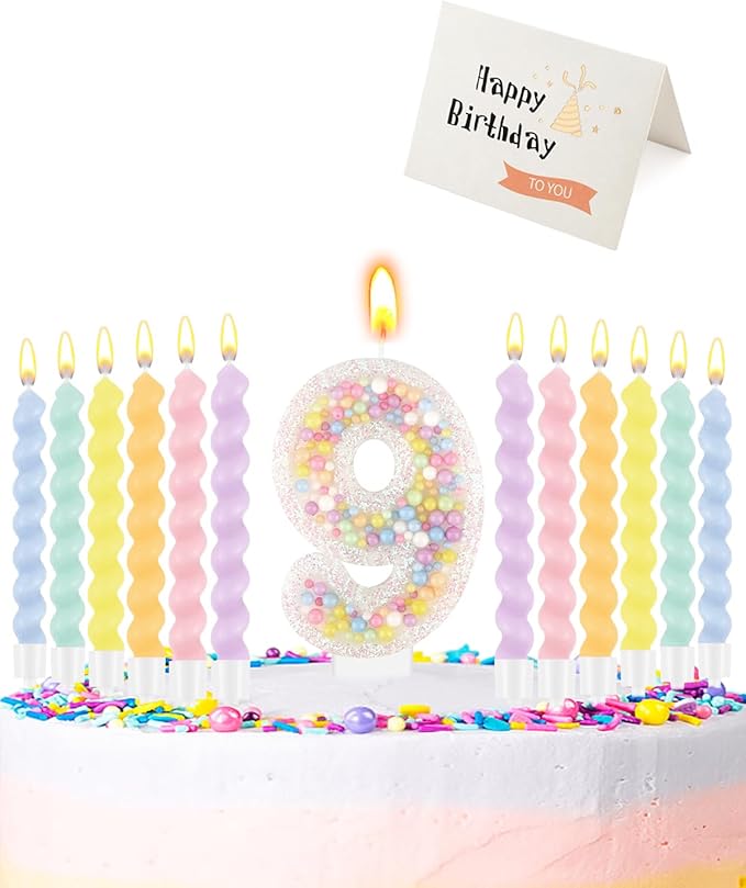 Birthday Candles for Cake, Pink Number Candles, Cake Candles with Greeting Card for Birthday Party Wedding Anniversary Celebrations（9 Candle,White Number Macaron）