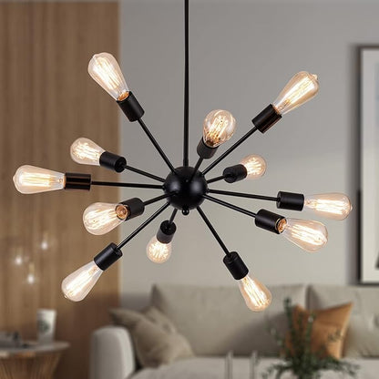 LIGHTDAMY Sputnik Chandeliers Black, Modern 12-Light Farmhouse Pendant Light Mid Century Lighting Vintage Industrial Ceiling Hanging for Living Dining Room, Bedroom, Kitchen Island, Foyer