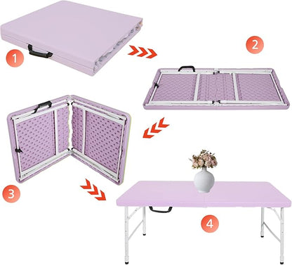 Portable 4Ft Folding Table, Heavy Duty Plastic Fold-in-Half Utility Foldable Table, Adjustable Height Plastic Folding Table with Carrying Handle for Camping &Party Indoor/Outdoor(Light Purple)