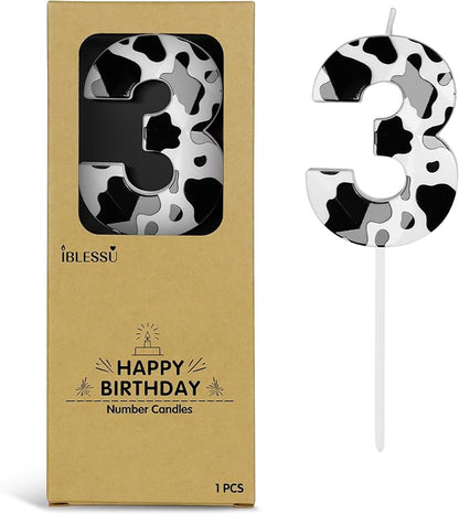 Number 3 Black Cow Birthday Candles，2.68 inch Metallic 3D Cow Birthday Candles, Cow Themed Cake Topper Decorations for Birthday Party Anniversary Celebration Supplies