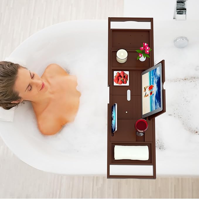 Premium Bamboo Bathtub Caddy Tray - Bath Tray - Bath Tub Tray Table for Bathtub - Expandable Size, Fits Most Bath Tubs - Brown
