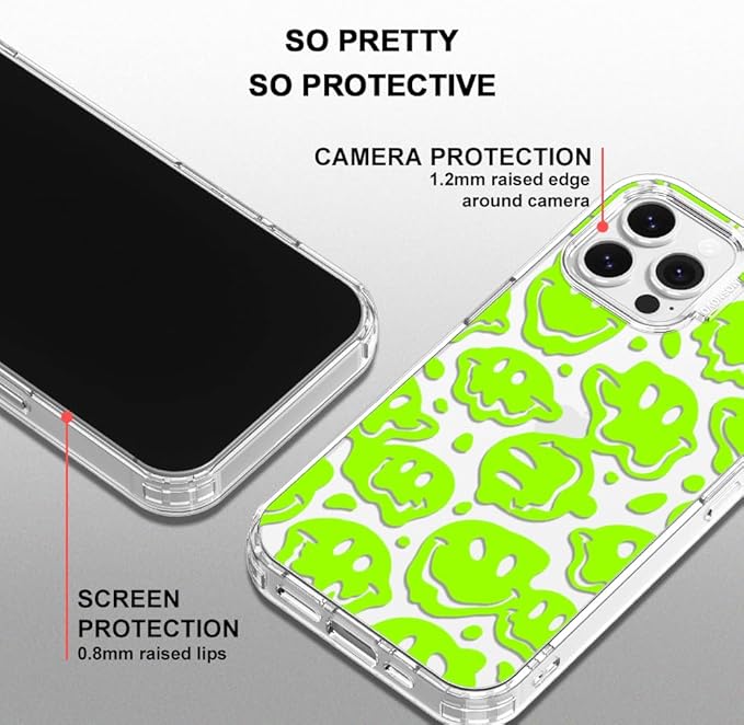 MOSNOVO Case for iPhone 13 Pro Max, [Buffertech 6.6ft Military-Grade Drop Protection] [Anti Peel Off Tech] Clear TPU Bumper Phone Case Cover Design - Distorted Green Smiles Face