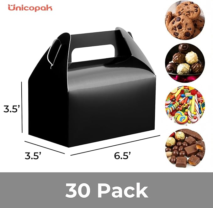 UnicoPak 30 Pack Black Gable Treat Boxes, Party Favor Boxes, Gift Boxes for Kids, for Snacks, Candy, Toys, Birthday Party, Wedding, Halloween, Christmas – 6.5x3.5x3.5 Inches