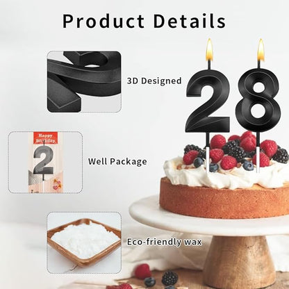 28th Birthday Candles 28 Candles for 28th Birthday Decorations for Boys Happy 28 Birthday Cake Topper Black Birthday Candles Black Number Candles (28)