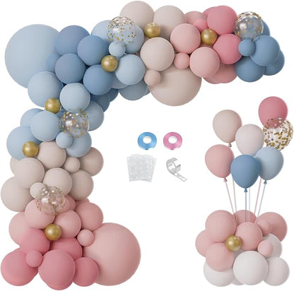 158pcs Gender Reveal Balloons Arch Kit, Dusty Pink Blue Gold Sand White for Gender Reveal Boho Bridal Bear Birthday Party Supplies Boy or Girl Baby Shower Decorations