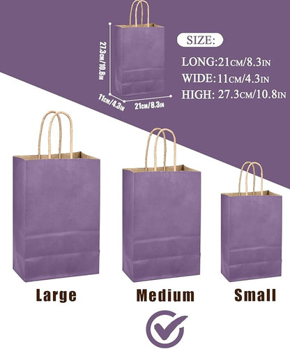 qiqee Grape Purple Gift Bag with Handles Bulk 24Pcs Paper Bags -10.6"x8.3"x4.3"Party Favor Bags - Solid Color