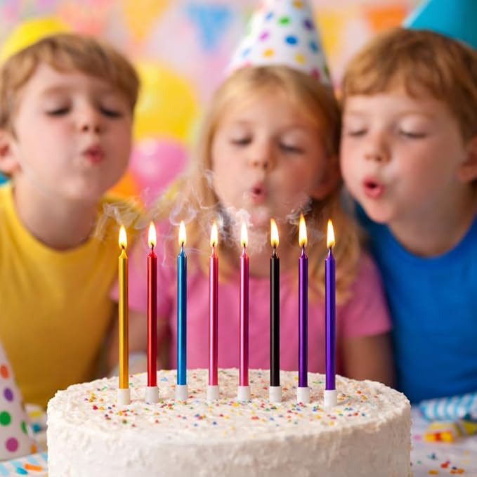 by Tugba Aydan - Rainbow Birthday Candles, 24 Pack, Long Thin Metallic Cake Candles with Holders, Colorful Candles for Cakes, Cupcakes & Parties