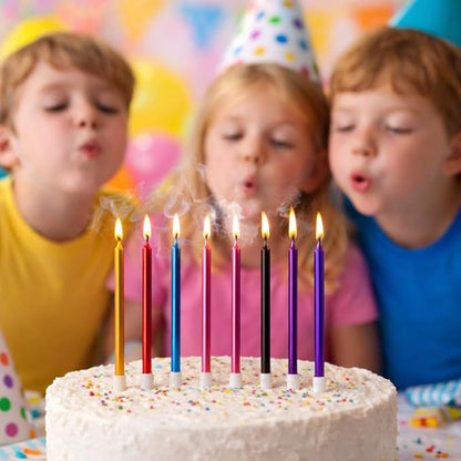 by Tugba Aydan - Rainbow Birthday Candles, 24 Pack, Long Thin Metallic Cake Candles with Holders, Colorful Candles for Cakes, Cupcakes & Parties