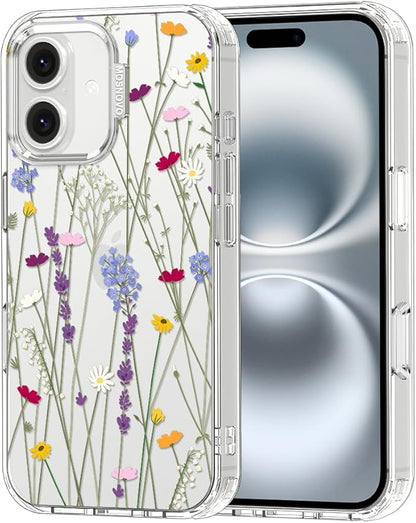 MOSNOVO Case for iPhone 16 Plus, [Buffertech 6.6ft Military-Grade Drop Protection] [Anti Peel Off Tech] Clear TPU Bumper Phone Case Cover Design - Floral Garden
