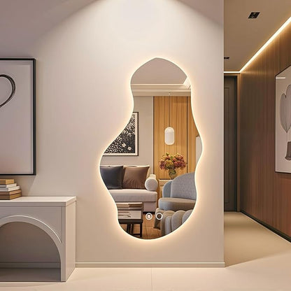 Modern Irregular LED Bathroom Mirror with Lights, Asymmetrical Frameless Smart Lighted Wall Mirror for Living Room Entryway, Large Decorative Makeup Vanity Mirror with Touch Switch(29.2″x51.2″)