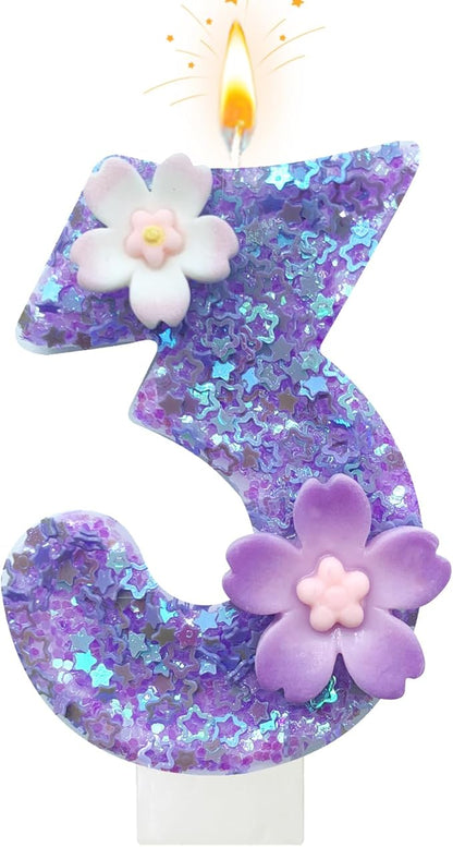Purple Flower Birthday Candle,Number Birthday Candles for Cake, Ideal Birthday Parties Cake Decor, Wedding Anniversary and Other Celebrations (Number 3, Purple)