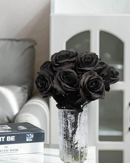 Black Roses Artificial Flowers, 12 Pcs Fake Rose in Bulk, Long Stem Realistic Silk Roses Bouquet for Centerpieces Flower Arrangement, Halloween Home Decor, Gothic Decoration (Black2, 12-PCS)