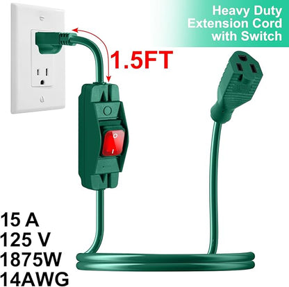 Outdoor Waterproof Extension Cord with Switch - 3 Prong, On/Off Switch with SJTW Extension Cord, Heavy Duty, 125v/250v (3 Ft, Green)