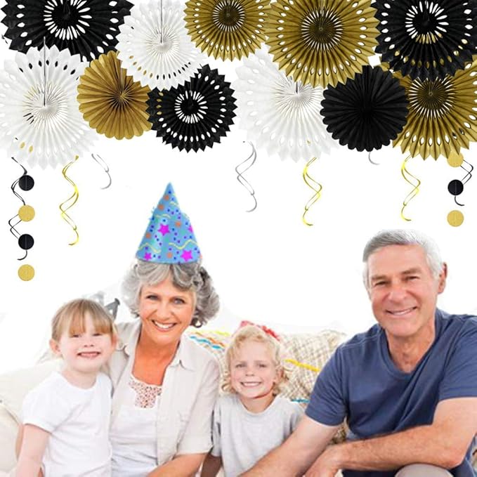 BEISHIDA Black Gold White Hanging Honeycomb Round Paper Fan Decoration Set for Christmas Halloween New Years Baby Shower Birthday Wedding Bachelorette Photo Backdrop Anniversary Party Supplies（11pack）