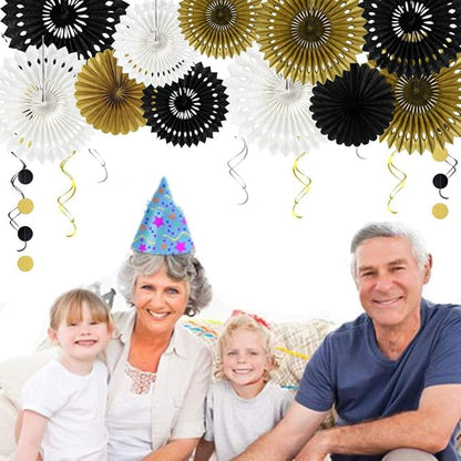 BEISHIDA Black Gold White Hanging Honeycomb Round Paper Fan Decoration Set for Christmas Halloween New Years Baby Shower Birthday Wedding Bachelorette Photo Backdrop Anniversary Party Supplies（11pack）